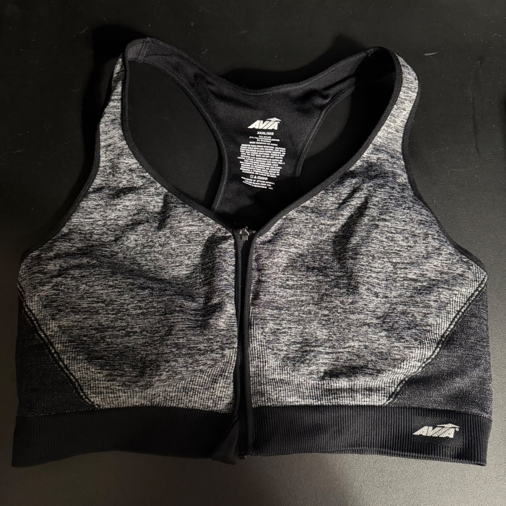 Avia Sports Bra Womens 3XL Black Soot Heathered Zip Front Racerback AV18191
